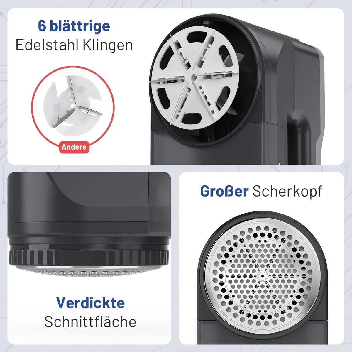 BEAUTURAL Fusselrasierer, Wiederaufladbarer Flusenentferner Elektrisch, 3 Geschwindigkeiten, 6-Klingen Leistungsstarker Wollrasierer mit LED Display, Großer Behälter für Kleidung Möbel Decken Wolle