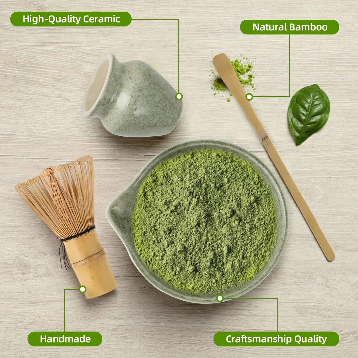Matcha-Set - Matcha Besen Set - 4-teiliges Matcha-Tea-Set, Matcha-Besen, Matcha-Schale, Chasen und Matcha Löffel - Matcha Zubehör für die Teezeremonie - Geschenk in Grün für Zuhause und Büro