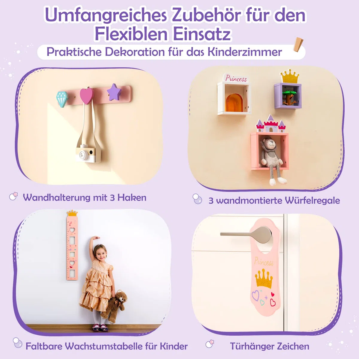 GOPLUS Kinder Schminktisch mit Spiegel, Prinzessin Frisiertisch mit Wachstumstabelle, Türhänger, Kleiderhaken & Wandregal, Kosmetiktisch Holz mit Hocker, Mädchen