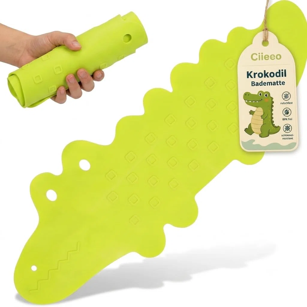 Ciieeo Badewannenmatte Kinder rutschfest, Lustiges Krokodil Antirutschmatte Badewanne für Baby und Kleinkind, BPA-Freie TPR Duschmatte mit Starken Saugnäpfen, Schimmelresistent Waschbar (Grün)