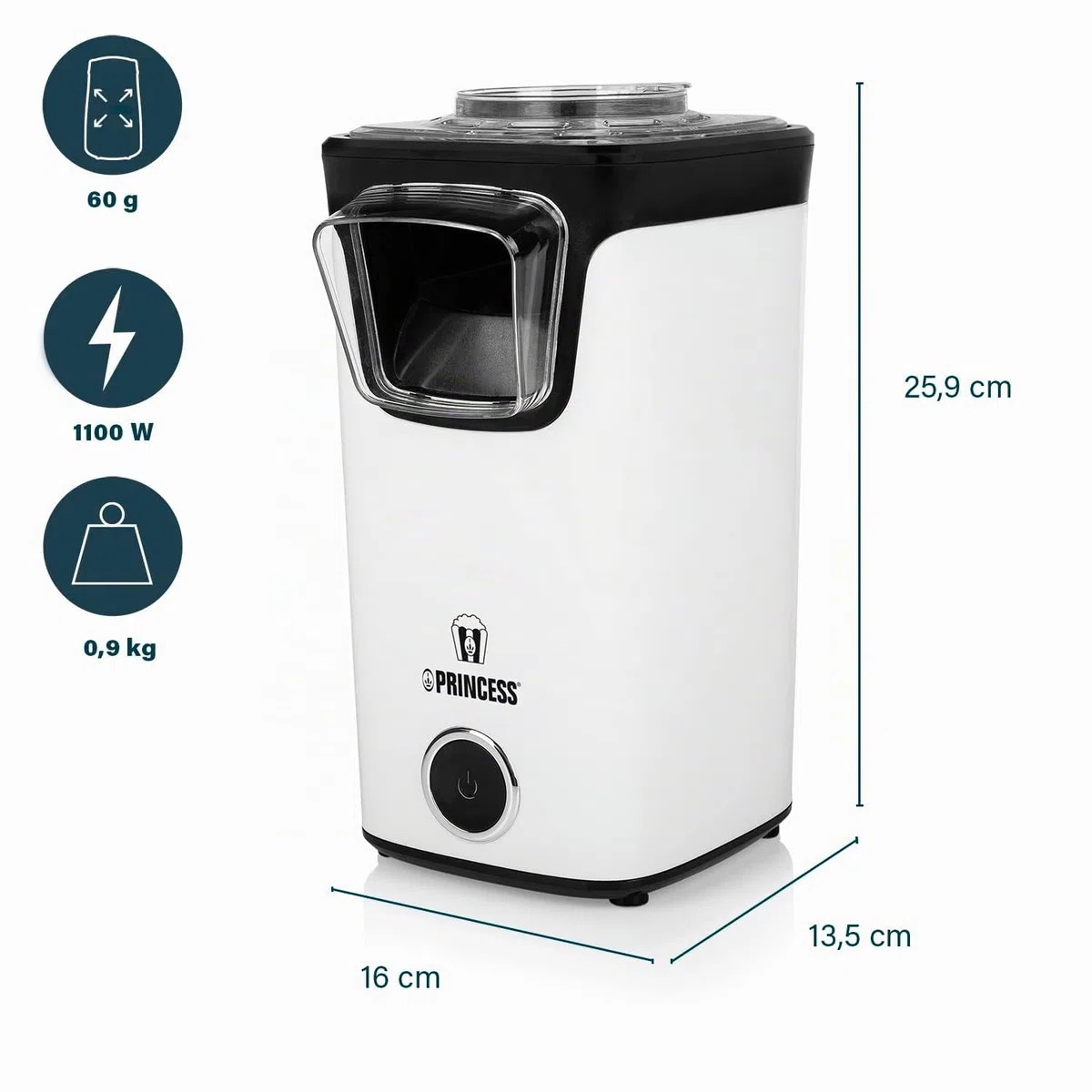 Princess Heißluft-Popcornmaschine – Frisches Popcorn in 3 Minuten, fettfreier und kalorienarmer Snack, schnelle und einfache Zubereitung, ideal für Zuhause und Partys 1100 Watt