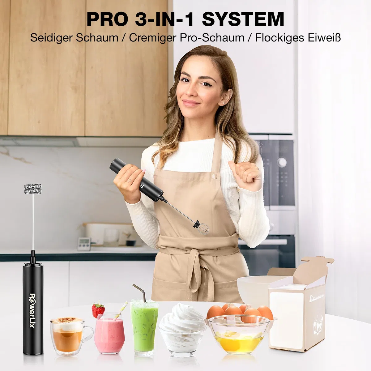 POWERLIX Pro 3-in-1 Handheld Milk Frother Electric - USB-C Rechargeable, 10,000 RPM Quick Whisk, Detachable Heads for Latte/Cappuccino/Egg Whites, Auto-Stop Safety, Portable Barista Tool