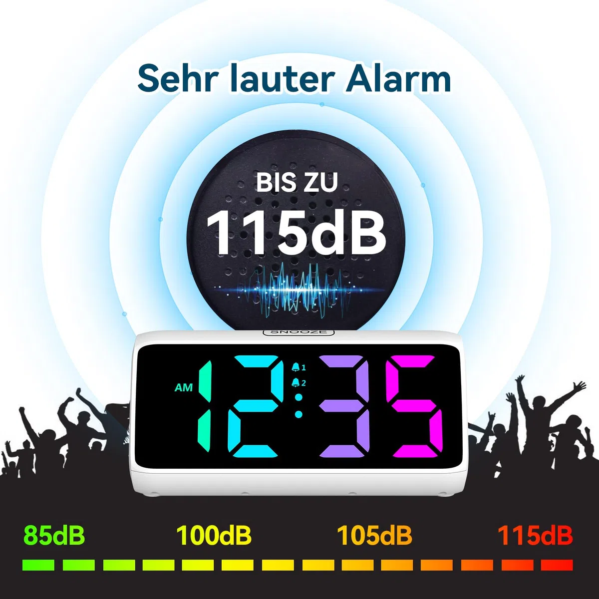 Wecker Laut für Tiefschläfer, Lauter Wecker mit Vibration, Doppelalarm, RGB-Anzeige, 5 Helligkeitsstufen, 4 Lautstärken, Snooze, Vibrationswecker für ältere Menschen Teenager Gehörlose Hörgeschädigte