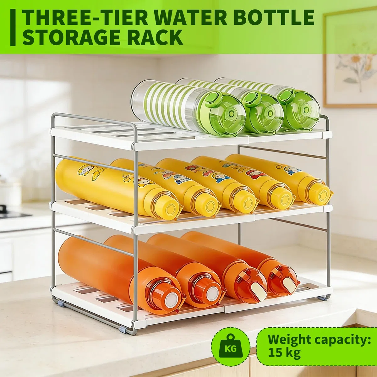Raxfekro ausziehbarer Flaschen Organizer für Kühlschrank, Schrank und Küche, Flaschenregal mit verstellbaren Fächern für Wasserflaschen, Thermosflaschen und Getränke (26.5–42 cm)