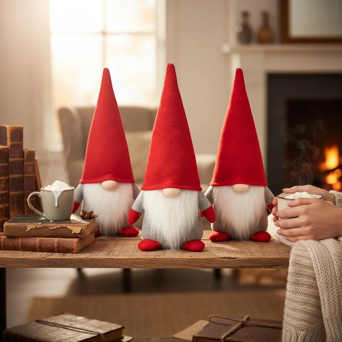 MIJOMA Weihnachtswichtel 3er Set - Deko-Wichtel mit hoher Mütze - skandinavische Stoff-Zwerge - 22 cm - Winterdeko Figuren für Weihnachten & Advent - stehende GNOME aus Plüsch (Rot)