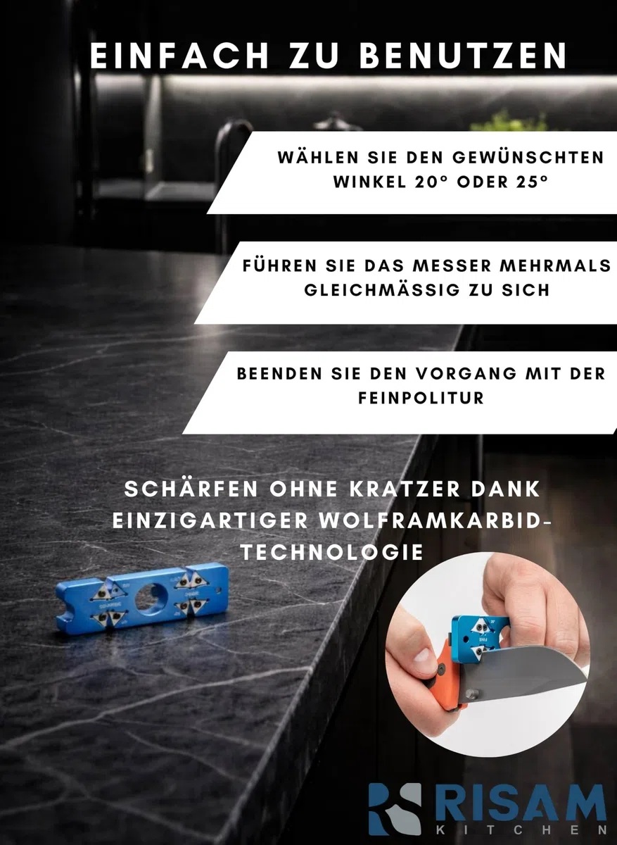 RISAM KITCHEN Messerschärfer klein – 6 in 1 Reise Messerschärfer Profi & Messerschleifer Knife Sharpener – Messer schärfen – 8,5 cm x 2,8 cm x 0,5 cm – 37,5 g – mit Clip & Anhänger