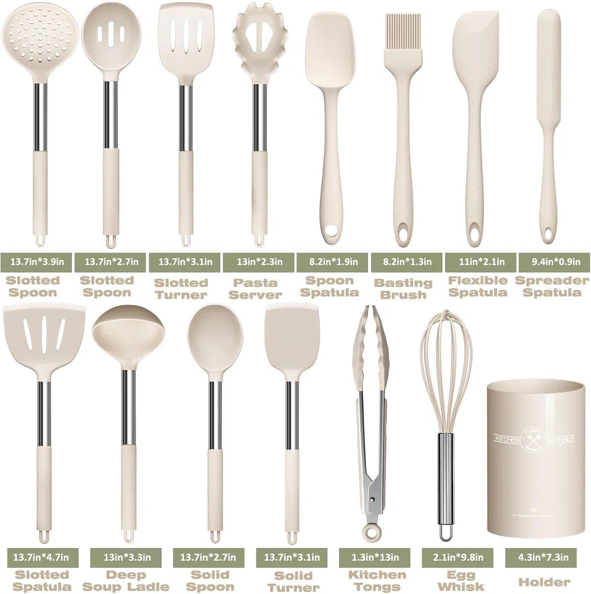 Küchenutensilien-Set, 15-teilig Silikon Küchenhelfer Set, Antihaft Hitzebeständiger Kochutensilien Kochgeschirr mit Utensilienhalter, Edelstahl Griff, Spülmaschinengeeignet (Khaki)