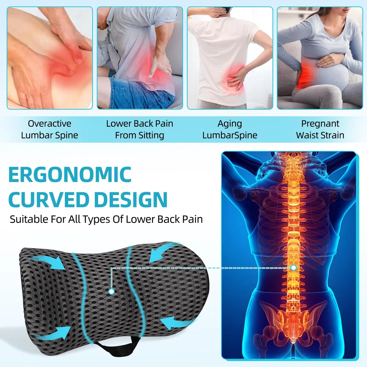 Memory Foam Lendenkissen,Ergonomisches Rückenkissen,Lendenwirbelkissen mit atmaksaktivem Bezug & verstellbarem Gurt,Rückenstützkissen,Rückenpolster für Auto,Bürostuhl,Bett,Sofa (grau)