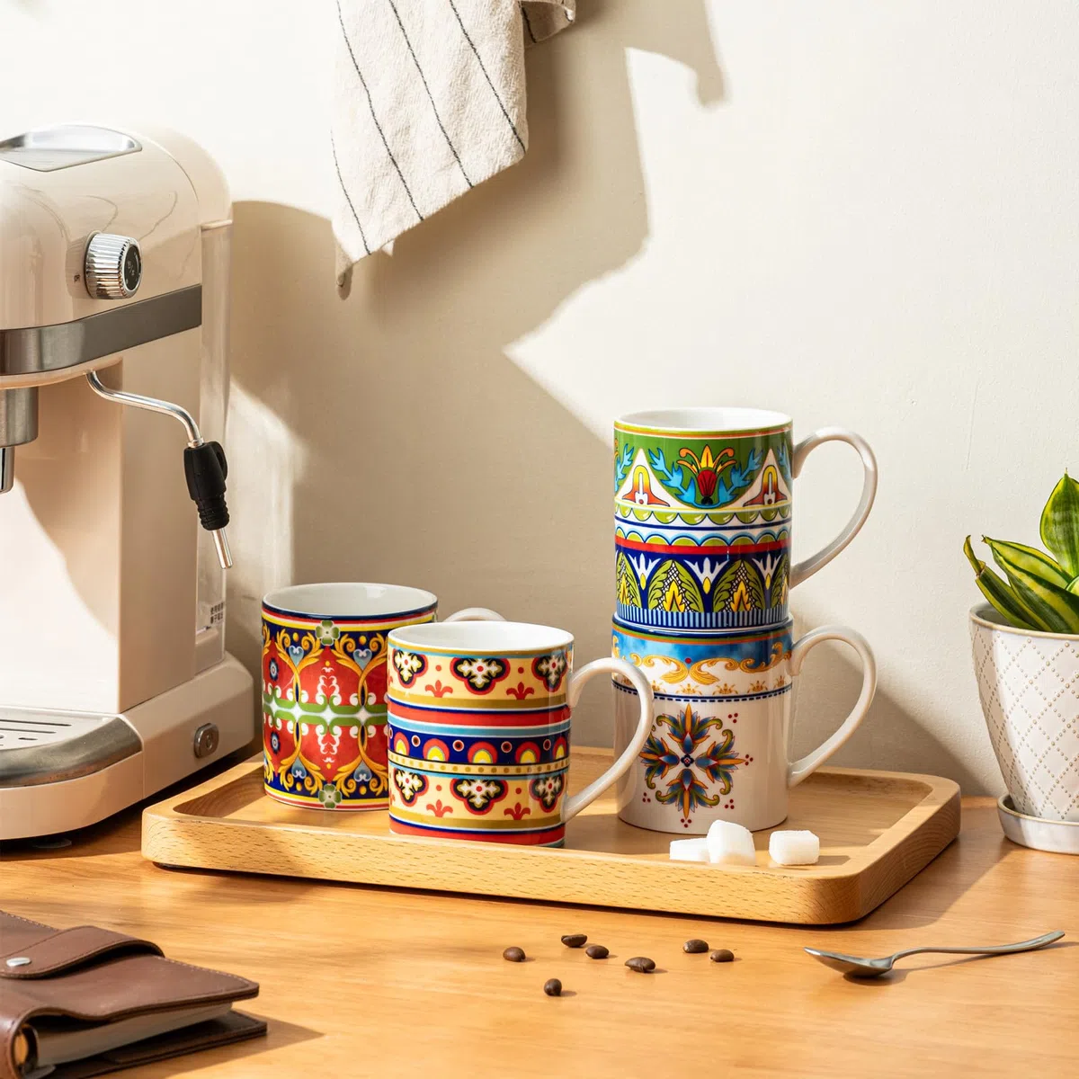 UNICASA Kaffeetasse Set, 4er Set Kaffeebecher aus Porzellan für Kaffee - 360ml, Cappuccino und Latte Macchiato, Geschirrservice 4 Farbe