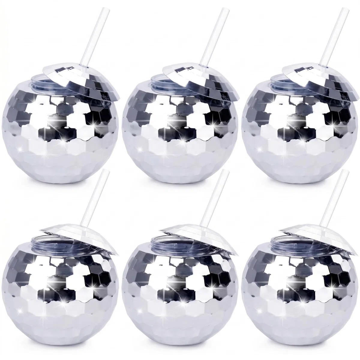 Nicunom 6 Stück 540 ml Discokugelbecher mit Deckel und Trinkhalmen Wiederverwendbar, silberfarben, Discokugel-Becher, Cocktailbecher, glitzernd, Disco-Bar, Party, Wein, Trinken, Tee, Sirup, Flasche