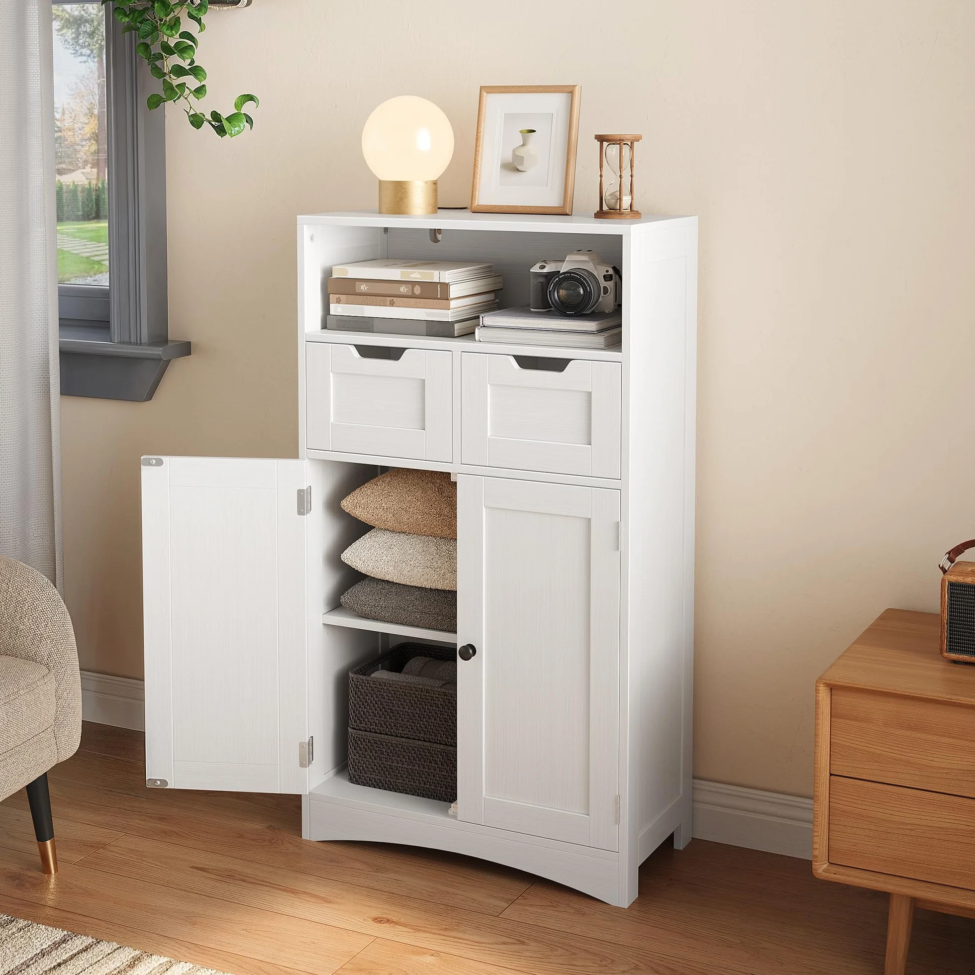 Bealife Badezimmerschrank mit 2 Schubladen, verstellbares Regal, multifunktional, für Badezimmer, Schlafzimmer, Flur (weiß, 60 x 30 x 108 cm) (weiß)