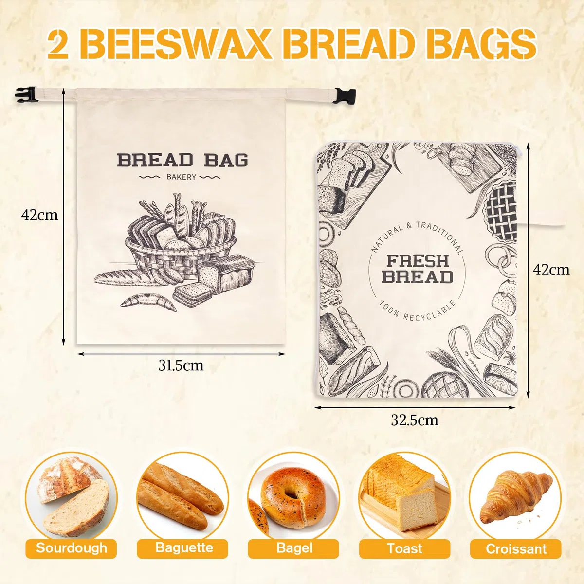 2 Stück Brotbeutel, Wiederverwendbare Bienenwachs Brotbeutel, Leinenbeutel für Sauerteig, Natürliche Bienenwachs-beschichtete Baumwoll-Aufbewahrungsbeutel für Brot, Obst und Gemüse (1)
