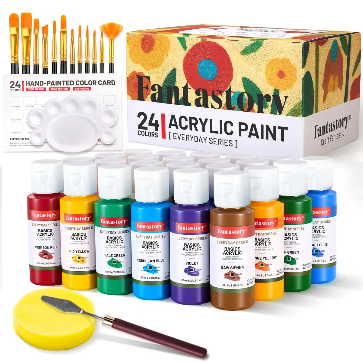 Fantastory Acrylfarben Set, 24 x 60 ml mit 16-teiligem Zubehör, hohe Deckkraft & wasserfest, Acrylic Paint Set für Leinwand, Holz, Steine & Basteln