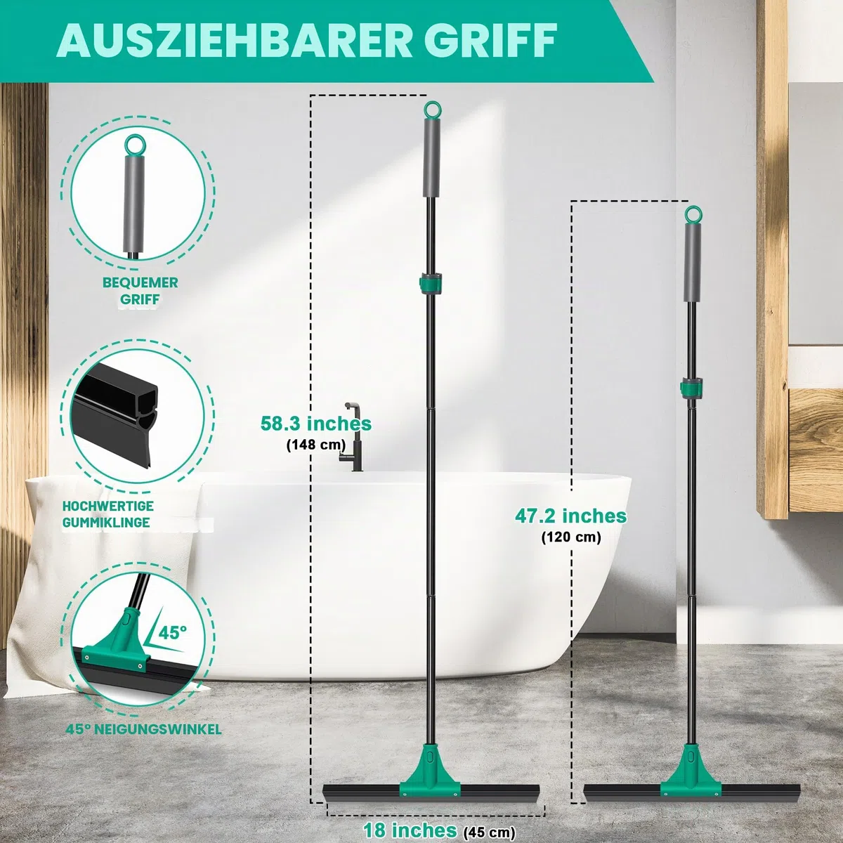 JEHONN Wasserschieber Bodenabzieher Abzieher Dusche Boden mit Teleskopisc Stiel 148 cm, Wasserabzieher Gummiabzieher Flitsche für Garage Beton Bad Fliesen Marmor Glas Shop Deck Fenster (Grün)