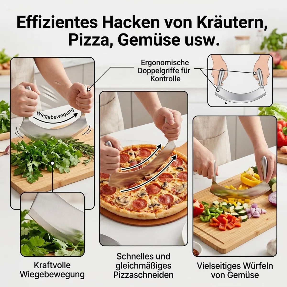 Edelstahl Wiegemesser, 22cm Wiegemesser Kräuter, Pizzaschneider Effizientes Hacken von Kräutern, Brot, Salat, Nüssen - Ergonomischer Griff, Spülmaschinenfest, Rostfrei, Nahtlos