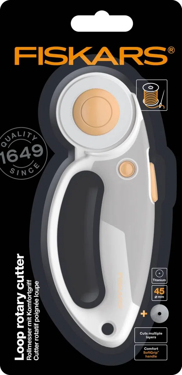 Fiskars Titan-Rollschneider, Rollmesser mit Schlaufengriff, Rechts- und Linkshändig, Klingen-Durchmesser: 45 mm, Orange/Weiß/Grau, 1066047