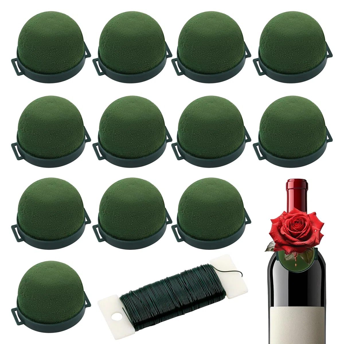 12 Stück Steckschaum Rund Grün Mit Klebepunkt Und 23m Blumendraht – Blumensteckschaum Für Frischblumen Gestecke, Hochzeit, Party, Weinflasche, Geschenkbox, DIY Floristik