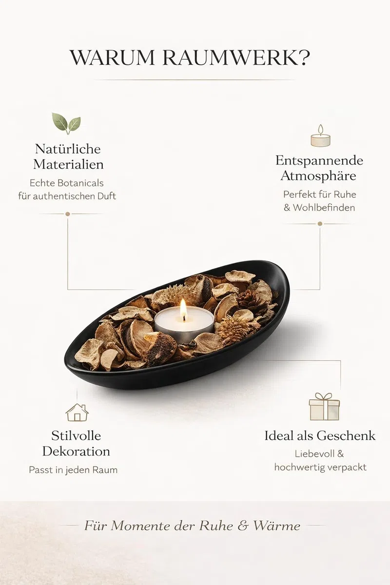 RaumWerk Duft Potpourri Set Vanille mit Schale & 3 Teelichtern – 60g Natürliches Potpourri Duftset – Ovale Dekoschale Schwarz – Raumduft für Wohnzimmer, Badezimmer & Schlafzimmer – Geschenkidee