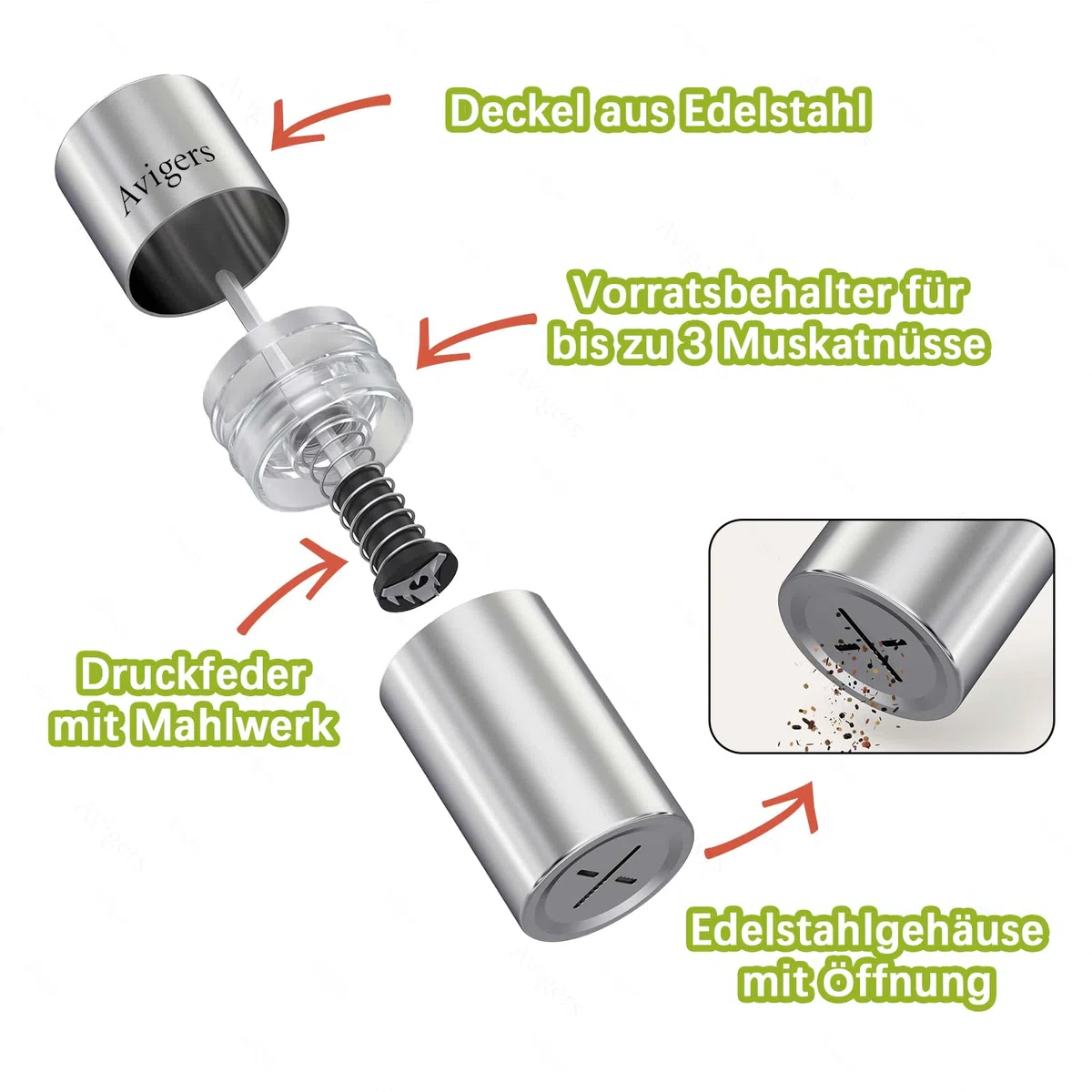 Muskatnuss Mühle mit Speicherbehälter, Scharfer Stahlmühle für Feinstes Muskatnusspulver, Muskatnuss Reibe für Myristica, Muskatnussmühle, Gewürze und Nüsse, muskatmühle für Vier Muskatnüsse