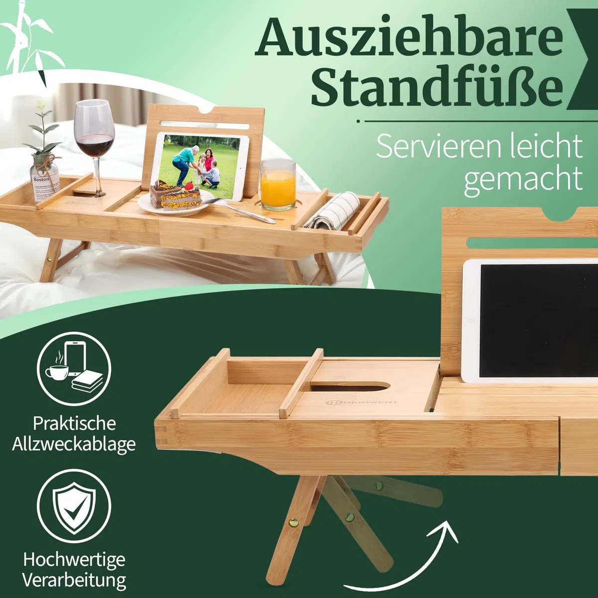 HEIMWERT Badewannenablage Badewannentablett Ablage Badewanne - Extragroß mit ausklappbarem Ständer - Badewannen Tablett Tisch und Frühstückstablett Zubehör aus Bambus (Natur)