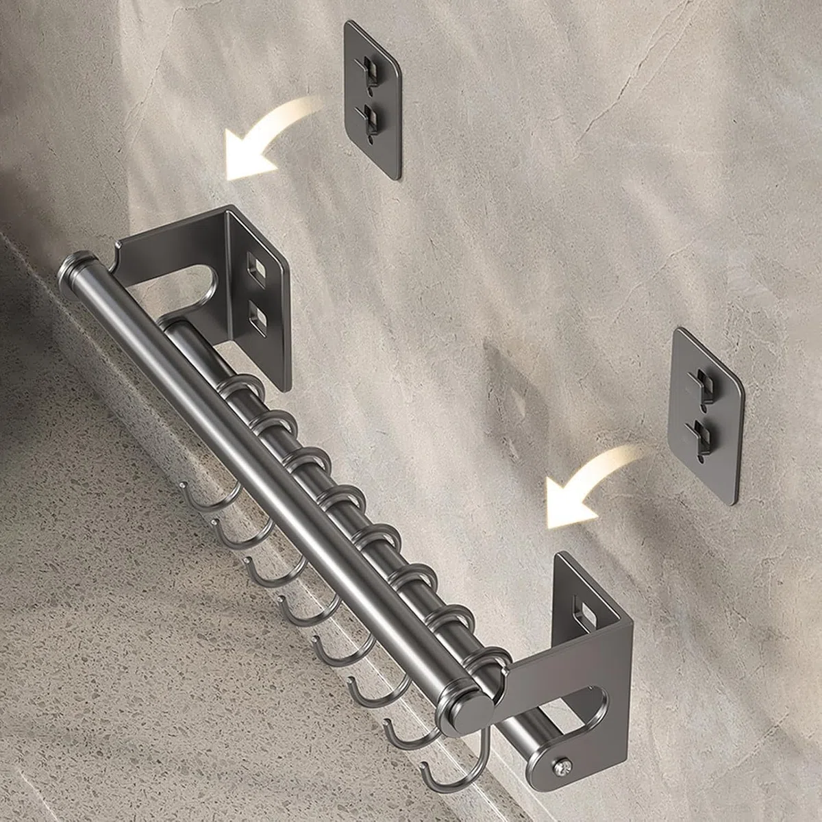 Hakenleiste Küche mit 8 Haken | Wandmontiert, 40 cm lang, Weltraumaluminium und Kohlenstoffstahl, Mit Messerhalter