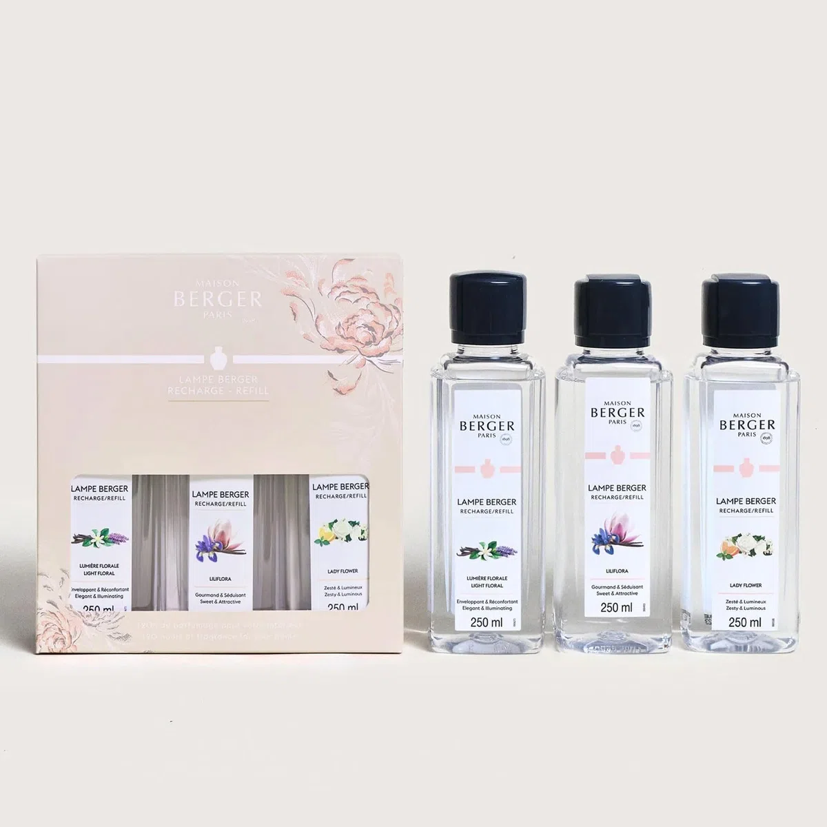 Lampe Berger – TrioPack Kollektion Ophelia – Set mit 3 Flaschen à 250 ml – Lumière Florale – Lady Flower und Liliflora – in elegantem Geschenkkarton