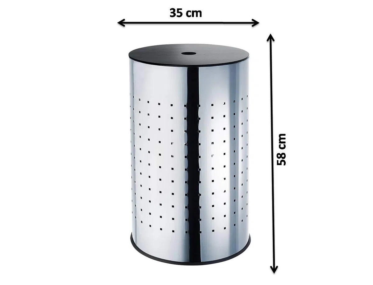 Kobolo Wäschebehälter Chrom, robuster Wäschesammler, Wäschebox mit Deckel, 55L, rund, Edelstahl mit Luftlöchern, modernes Design für Badezimmer & Schlafzimmer