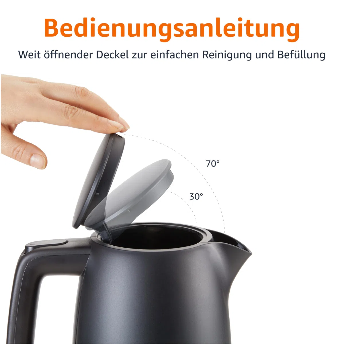 Amazon Basics Wasserkocher 1,7L, 2200 W, BPA-frei mit 360° Basis, Automatische Abschaltung und Herausnehmbarem Kalkfilter, Mattschwarz