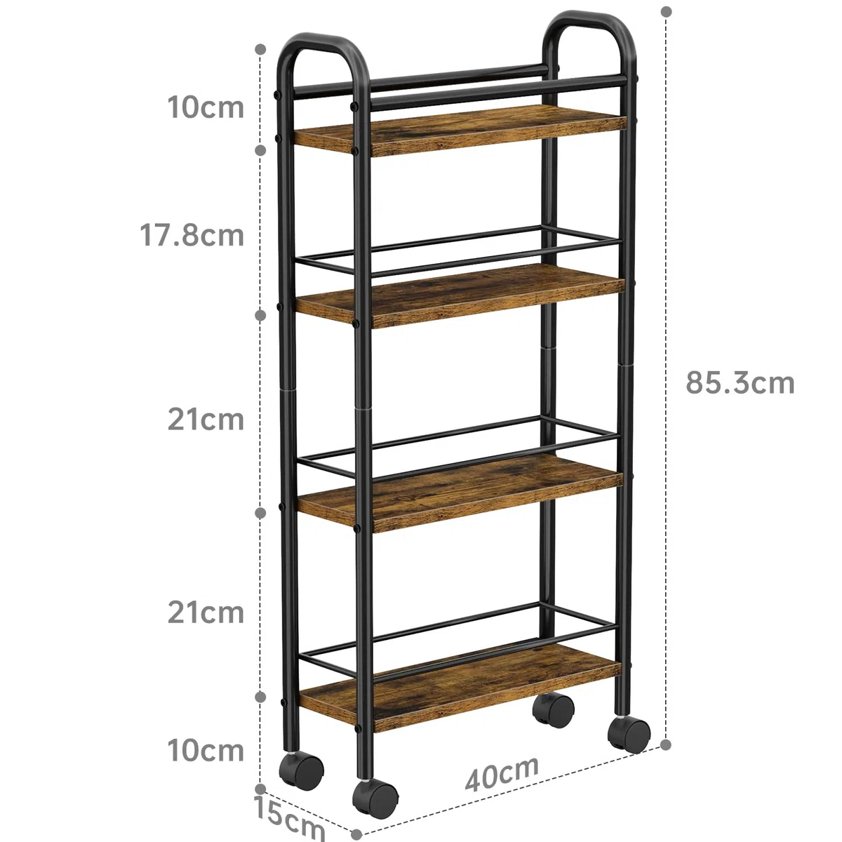 Asgolion Rollwagen 4 Ebenen, Küchenwagen schmal, Nischenregal auf Rollen, für kleine Räume, 4 Ebenen (15 x 40 x 85 cm), Küche, Bad, für Küche, Wohnzimmer, Esszimmer, Badezimmer, vintagebraun-schwarz