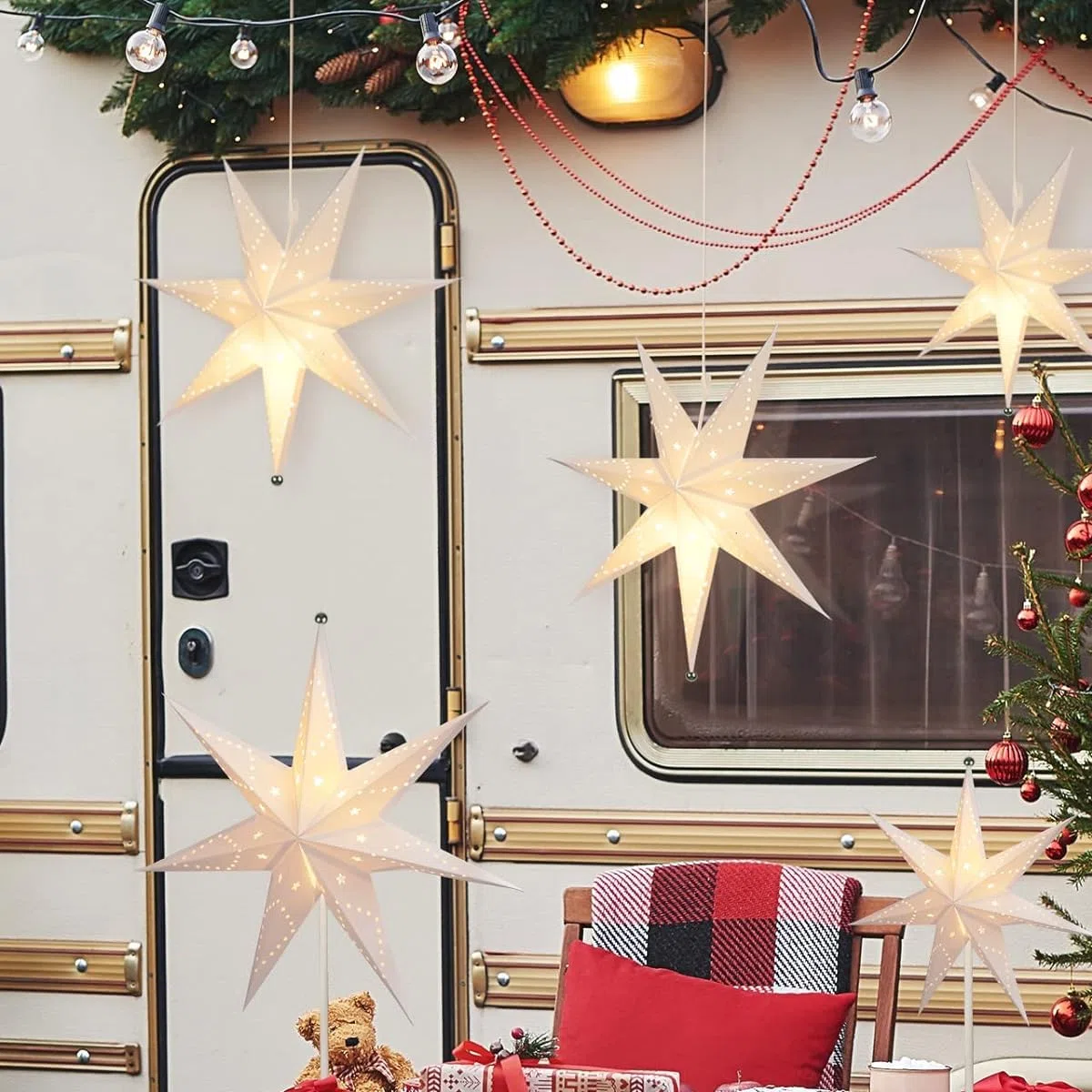 SALCAR 55cm LED Papierstern Beleuchtet zum Aufhängen, Advents Leuchtstern Fenster mit Warmweiß E14 Lampe, 3D Weihnachtsstern Fensterdeko Weihnachten - Weiß Papierstern