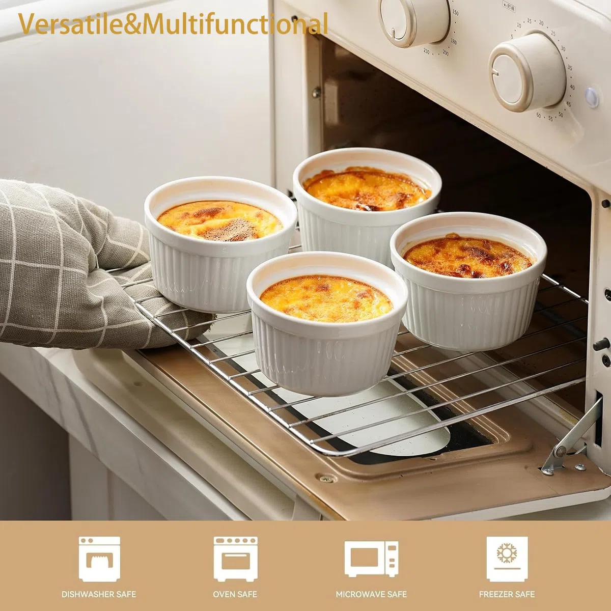 8 Stück Creme Brulee Schälchen,Souffle Förmchen Backofenfest,Ofenfeste Förmchen,Keramik Ramekins für Ragout Fin Schalen,Leckere Würzfleisch,Muffin,Panna Cotta,7.5cm 120 ml,Weiß