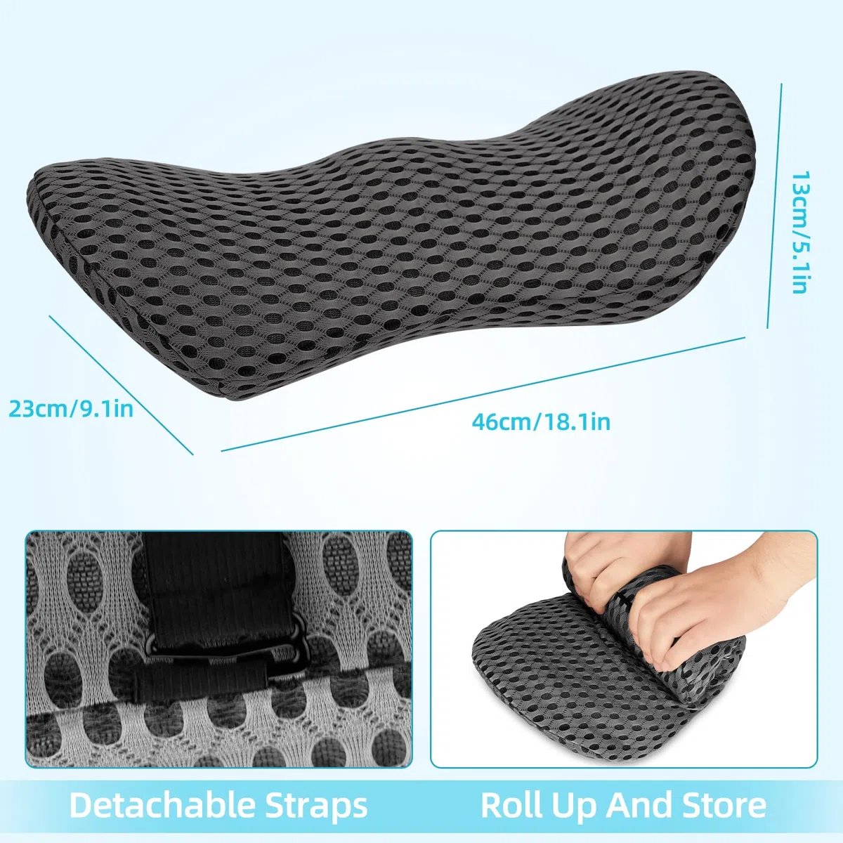 Memory Foam Lendenkissen,Ergonomisches Rückenkissen,Lendenwirbelkissen mit atmaksaktivem Bezug & verstellbarem Gurt,Rückenstützkissen,Rückenpolster für Auto,Bürostuhl,Bett,Sofa (grau)