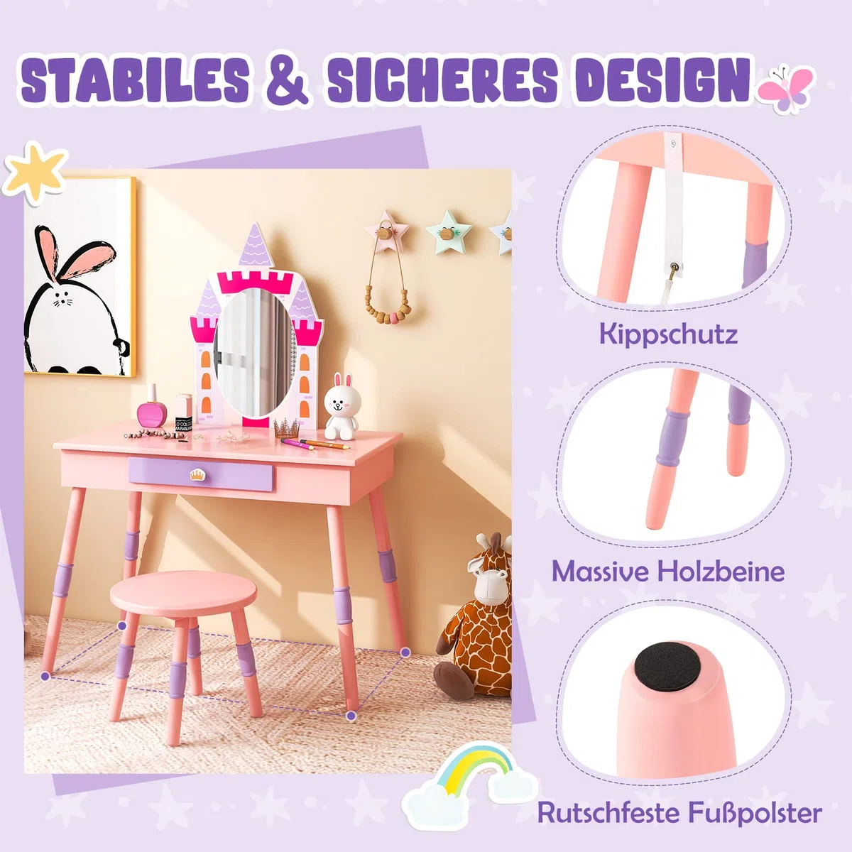 GOPLUS Kinder Schminktisch mit Spiegel, Prinzessin Frisiertisch mit Wachstumstabelle, Türhänger, Kleiderhaken & Wandregal, Kosmetiktisch Holz mit Hocker, Mädchen