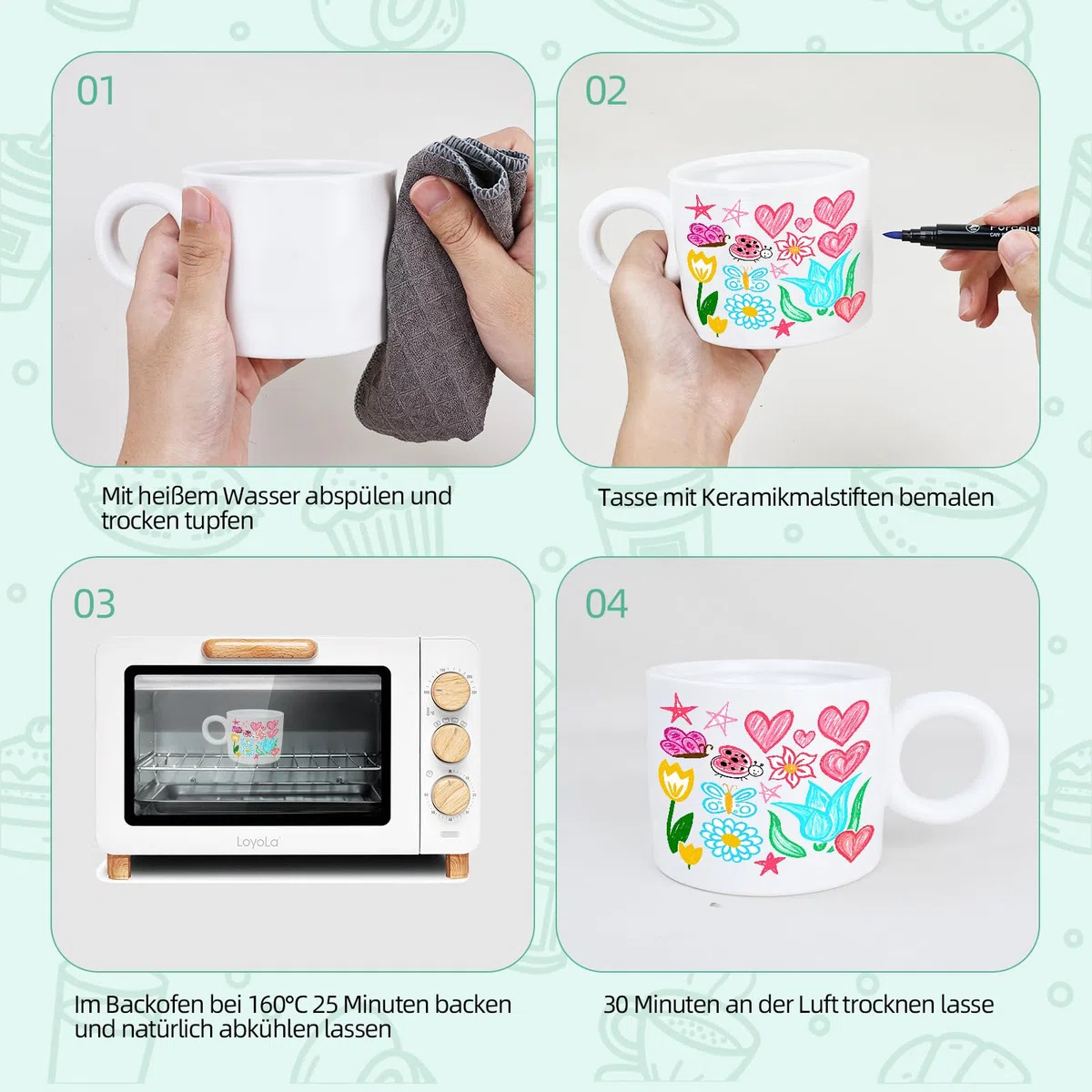 Philorn Keramik Tassen Bemalen Set DIY WeißE Porzellan Tassen Set mit 12 Ungiftige Porzellanstifte und Malinspirationen Kreatives Bastelset Erwachsene DIY Geschenk