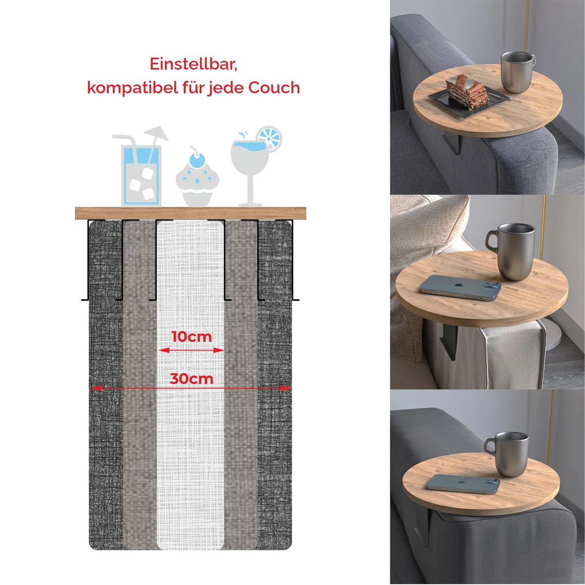 Couch-Tablett Armlehne, Einstellbarer Sofa-Tablett, Getränkehalter, spezielles Design praktischer Metallhalterung, Sitzgarnitur Ablage, Durchmesser ⌀ 35 cm (Eiche)