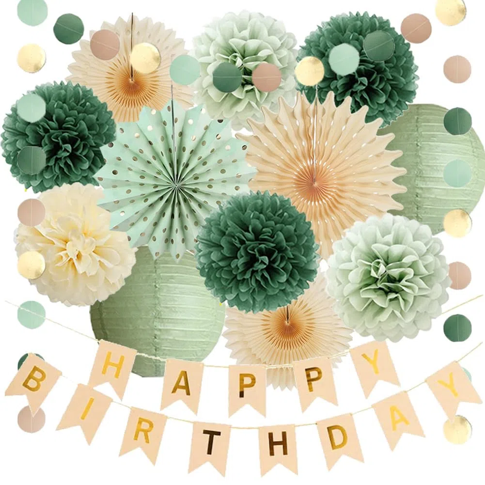 Geburtstagsdeko Grün Beige Mädchen Retro Olivgrün Geburtstagsdeko Salbeigrün Geburtstag Frauen Deko Salbei Creme Party mit Happy Birthday Banner Beige Gold