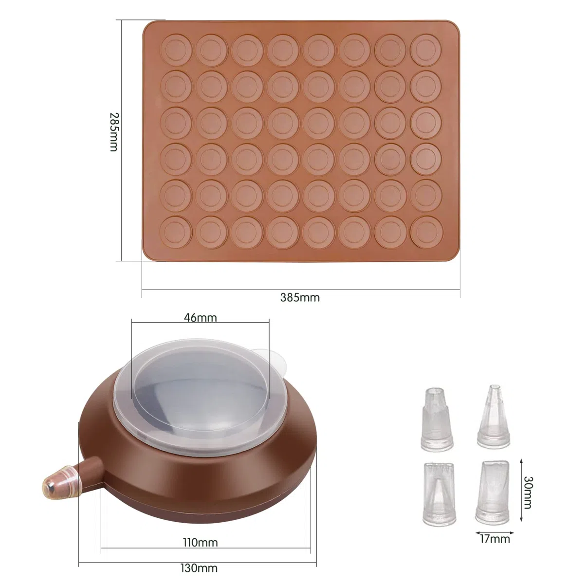 Macarons Backmatte aus Silikon 48 Mulden Antihaftbeschichtet Macaron Silikonmatte Silikonform mit Dekorationsstift, 4 Düsen Makronenplatte BPA Frei Makronenformen für Cupcake, Dessert, 38 x 28cm