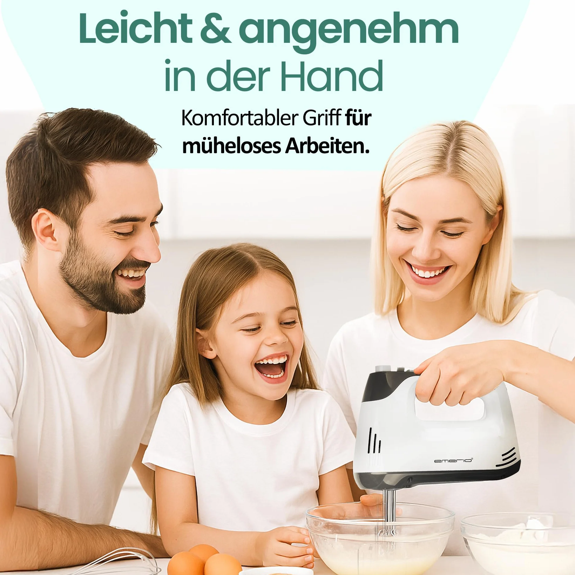 EMERIO elektrischer Handmixer Handrührer Mixer Handrührgerät mit 400 Watt 5 Geschwindigkeiten & Turbotaste extra lange Schneebesen + Knethaken aus Edelstahl (geschirrspülgeeignet) BPA-frei HM-130365