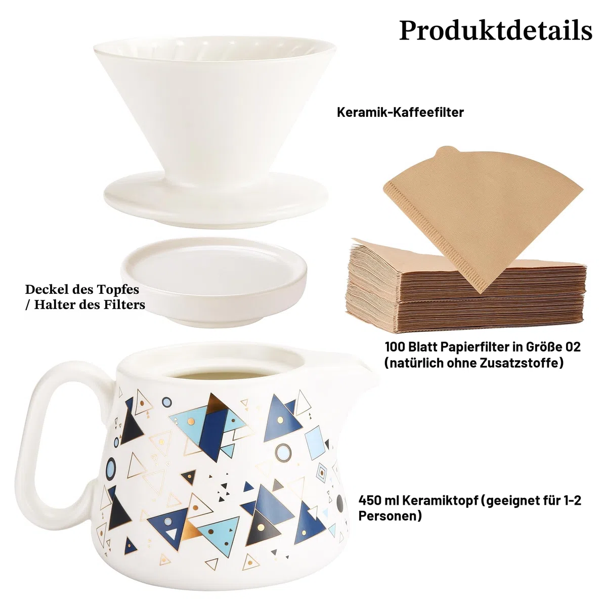Pour Over Kaffeemaschine, Keramik-Kaffeetropfer mit 100 Stück Größe 02 Papierfilter, Keramik-Kaffeeservice mit Deckel, 450 ml, geeignet für 1-2 Personen (Weiß A)