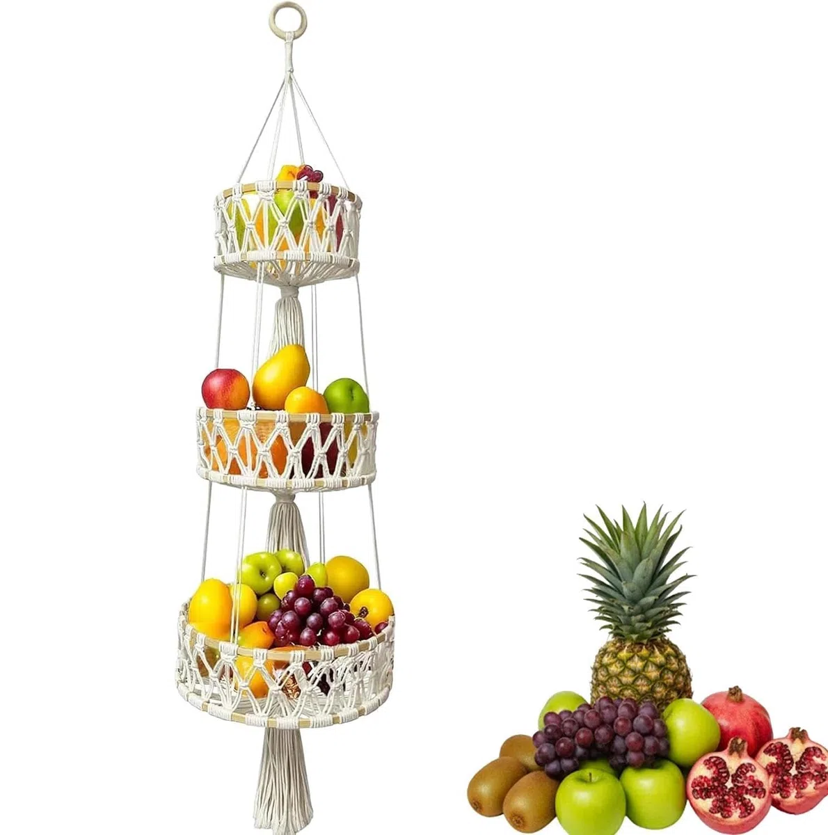 Obstkorb Hängend aus Baumwollseil, Bambus Hängekorb Obst, Böhmisches Bambuskreis Obstnetz,3 Stufiger Hängekorb, für Küche Wohnzimmer Badezimmer Schlafzimmer, 110CM (Beige)