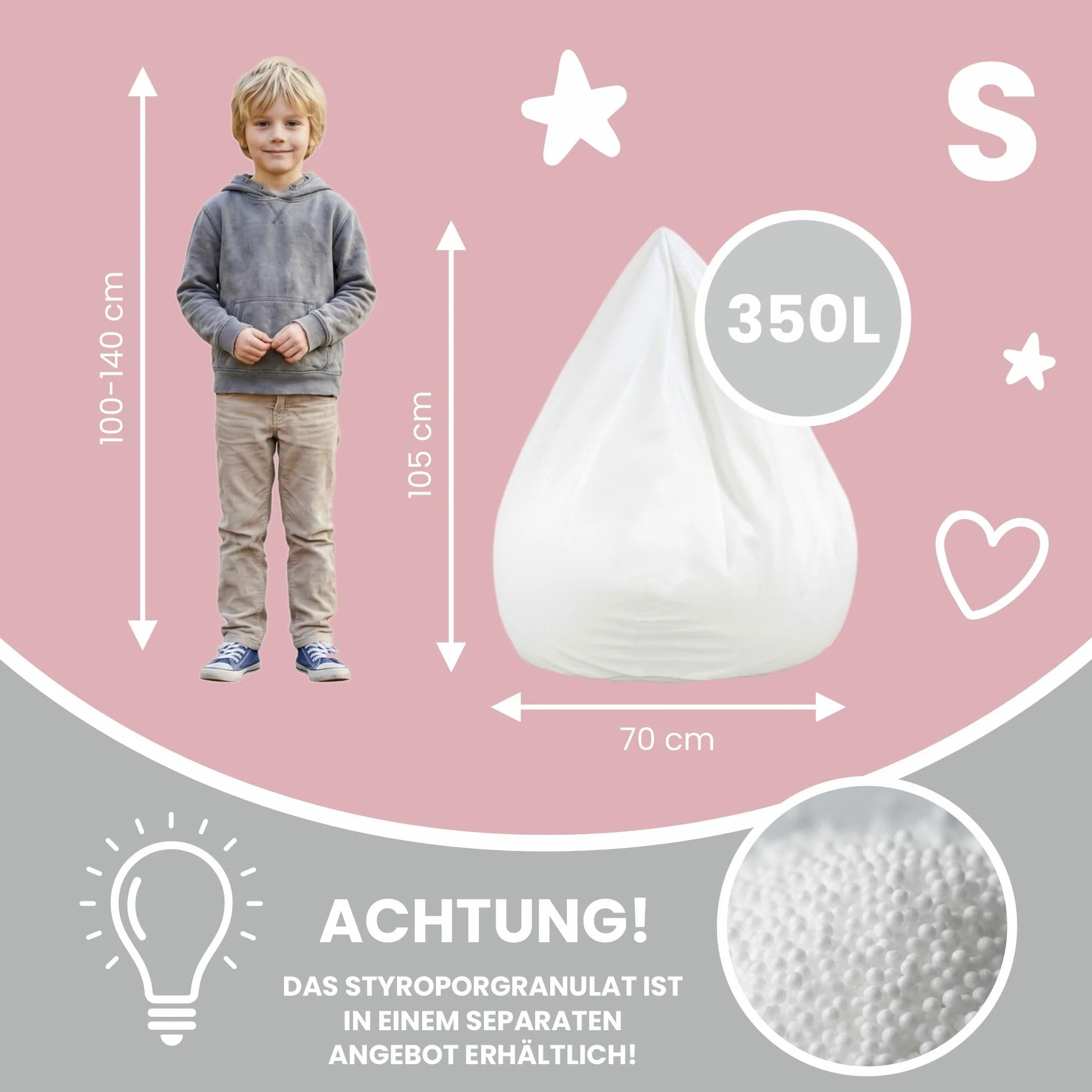DreamRoots Sitzsack Bezug ohne Füllung - Innenhülle S 70x105 cm - Innensack waschbarer Oeko-TEX Bezug zum Befüllen mit Styroporkugeln, Ersatz-Innenbezug für Bean Bag