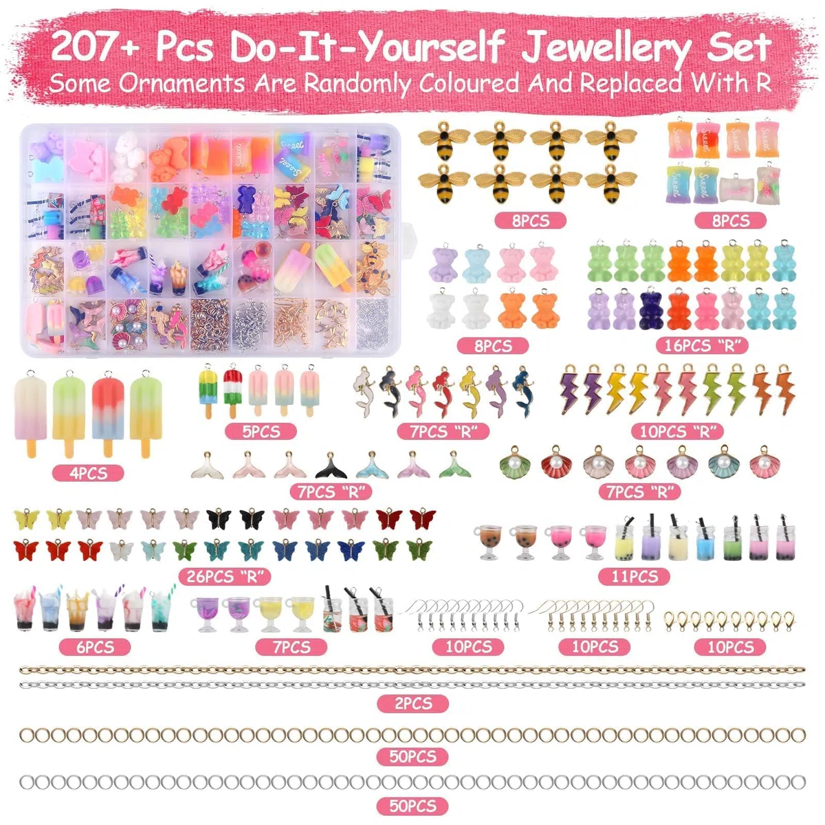 207 Stück Charms Anhänger Set, Schmuck Selber Machen Sets mit Aufbewahrungsbox, Ohrringe Selber Machen Set Bubble Tea Schmetterling Bär, Geschenke für Mädchen für DIY Armband Halsketten Schmuck