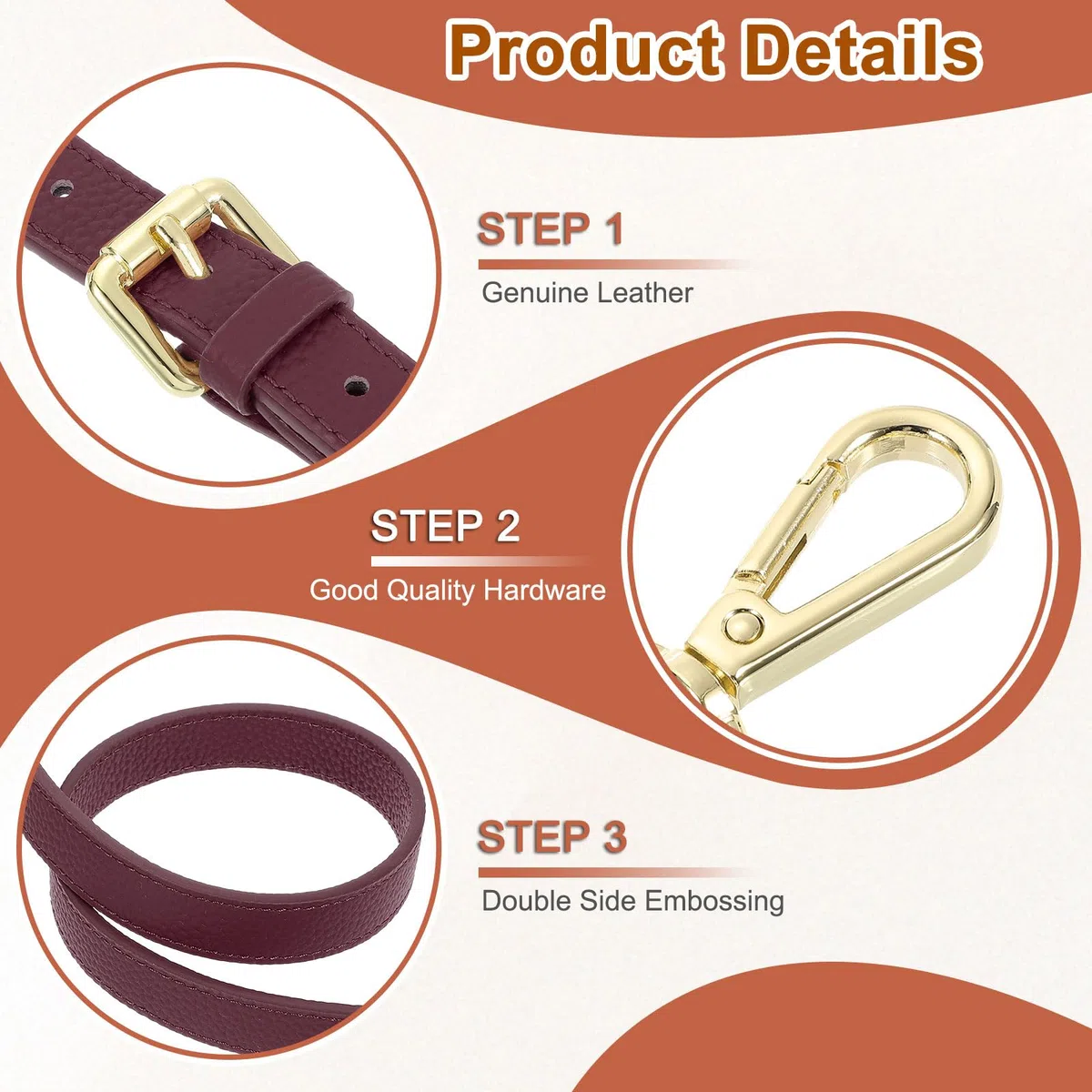 QUARKZMAN Echtes Leder Taschenriemen, Schultergurt 106cm-130cm Verstellbare Crossbody Handtaschengurt 1,5cm/0,7" Breite Schulterriemen für Taschen Schultertasche(Burgunderrot, Goldschnalle)