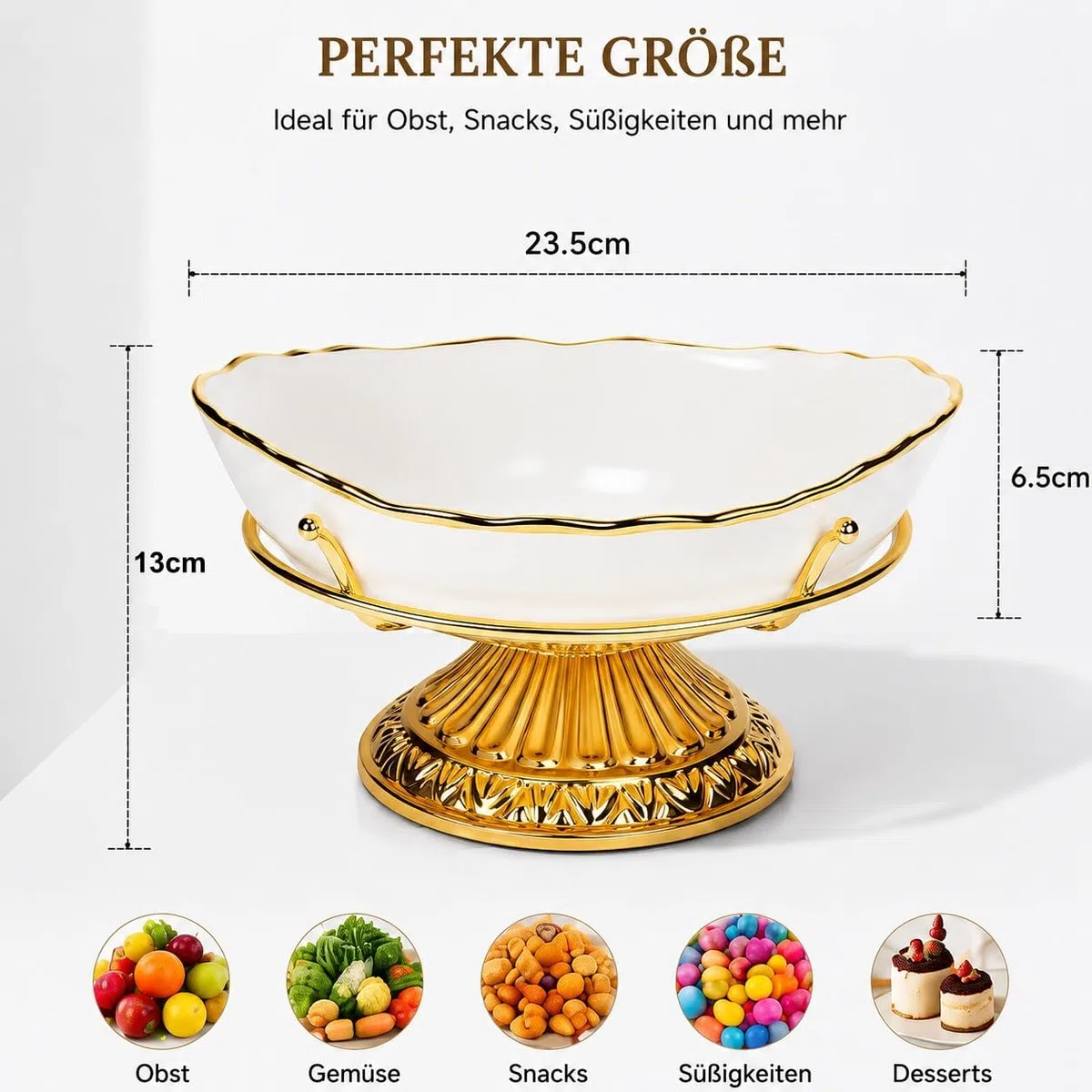 Luxus Obstschale Gold Weiß mit Fuß, Dekorative Keramik Schale, Moderner Obstkorb & Wohnzimmertisch Deko für Küche Esszimmer, Elegante Servierschale & Tischdeko für Obst Snacks Süßigkeiten