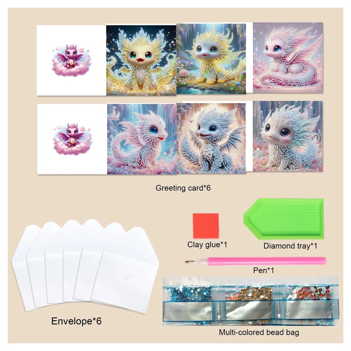 DCIDBEI 6 Stück Diamond Painting Grußkarte Diamond Painting Karten 5D DIY Diamant Painting Grußkarten Geschenk für Freunde und Familie Glückwunschkarten Geschenkkarte Geburtstagskarte Kleiner Drache