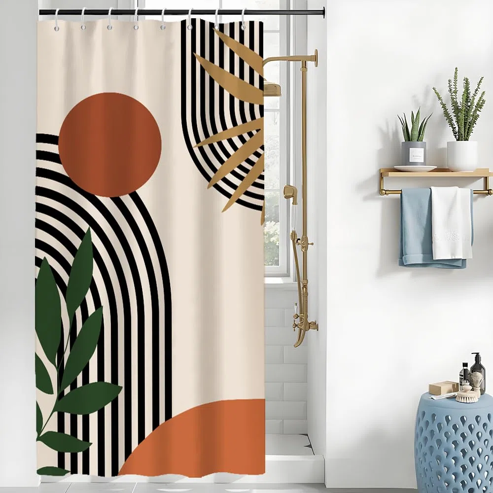 Duschvorhang Terracotta, Duschvorhang 120x200cm Boho Style Orange Abstrakt Kunst Grüne Blätter Duschvorhänge Anti Schimmel Stoff Waschbar Polyester Bad Vorhang mit 8 Haken für Badezimmer