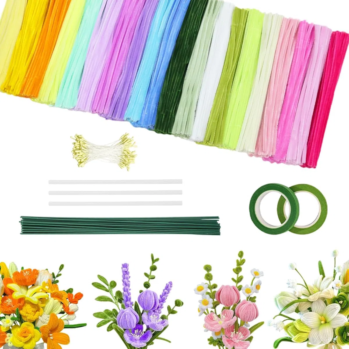 500 Stück Pfeifenreiniger Blumen Set, 20 Farben Pfeifenputzer zum basteln | Pipe Cleaner mit 25 Stück Blumendraht Grün, Klebeband, Geeignet als Geschenk zum Valentinstag und Weihnachten