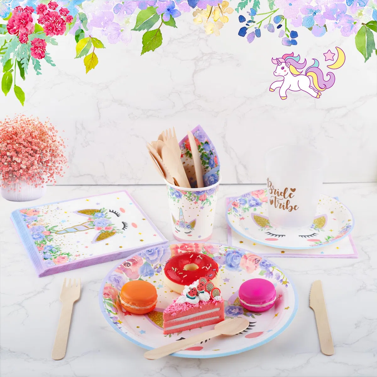 Einhorn Partygeschirr für 25 Kinder, 200 Stück Set mit Pappteller Servietten Pappbecher Strohhalme Gabel Messer Löffel, Rosa Geburtstag Party Deko