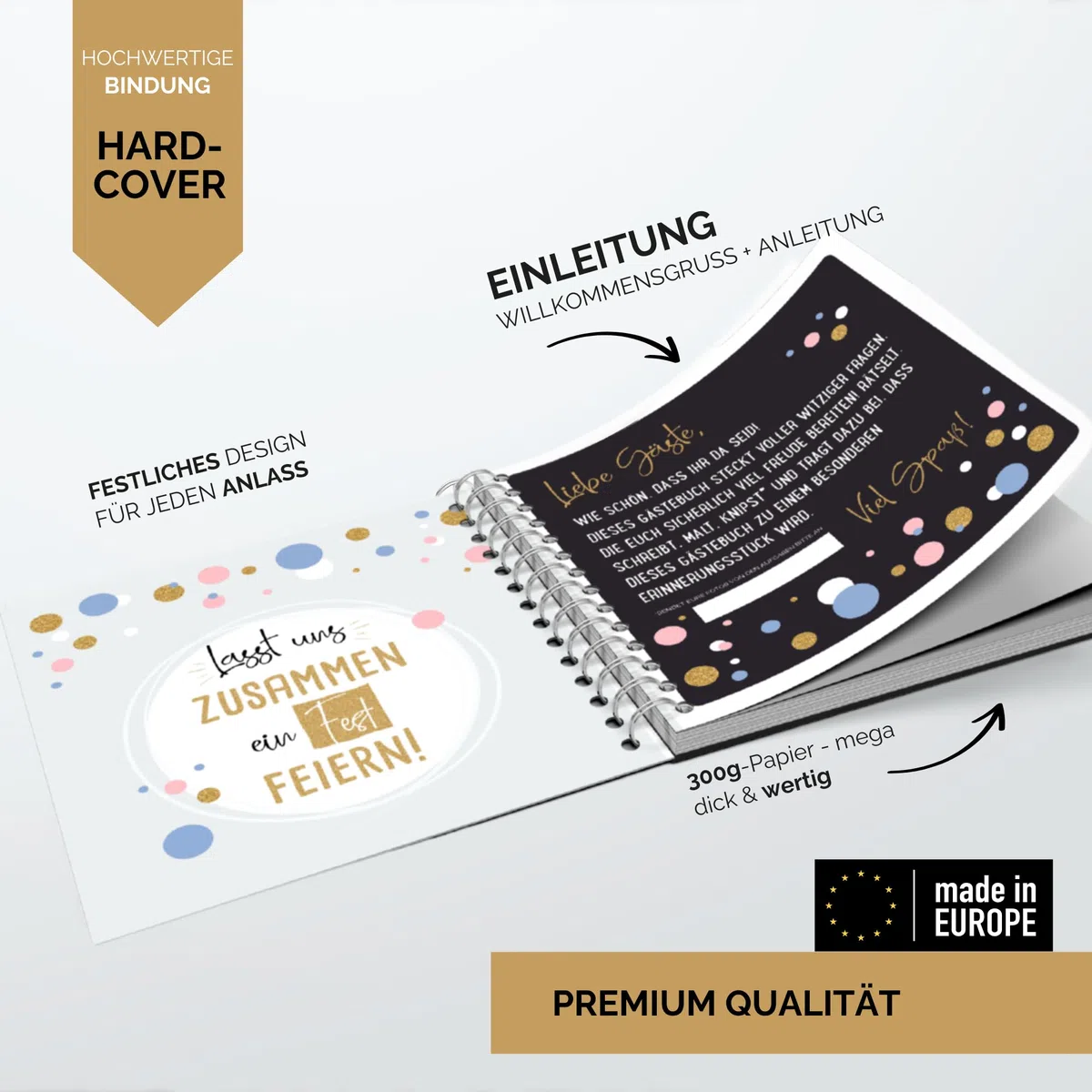 Gästebuch Geburtstag mit Fragen by snaPmee - Für 50 Einträge, jede Seite ist einzigartig - Edles Hardcover mit weißer Spiralbindung - Größe 21x21cm, 300 g/m² Papier (extra dick) inkl. 25 Fotoaufgaben