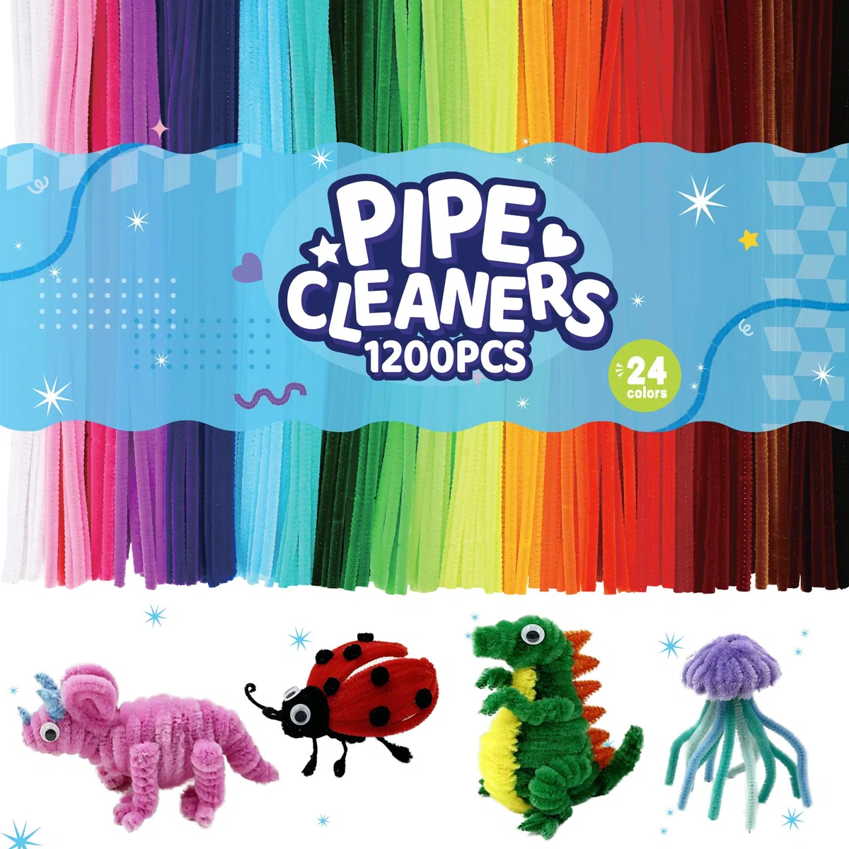 1200 Stück Pfeifenputzer zum Basteln, 24 Farben Chenille-Stiele, Pipe Cleaner für Erwachsene & Anfänger, Raumdeko, kreative Schulprojekte, Partydeko, Weihnachtsbasteleien (30.5cm X 6mm)